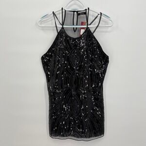 Verty Womens Black Sequin Art Deco Halter Top Caged Back Size L MY-M5060 NEW